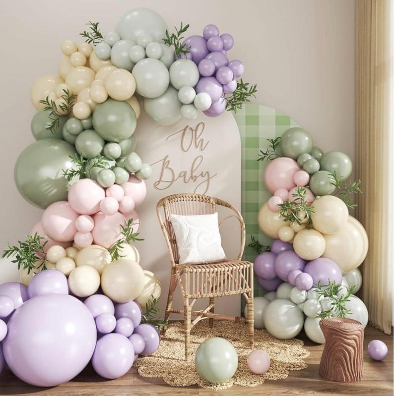 Dusty Green Purple Pastel Pink Balloon Arch Garland Kit 124Pcs Double Stuffed Light Green Sage Green Purple Yellow Macaron Pink Balloons