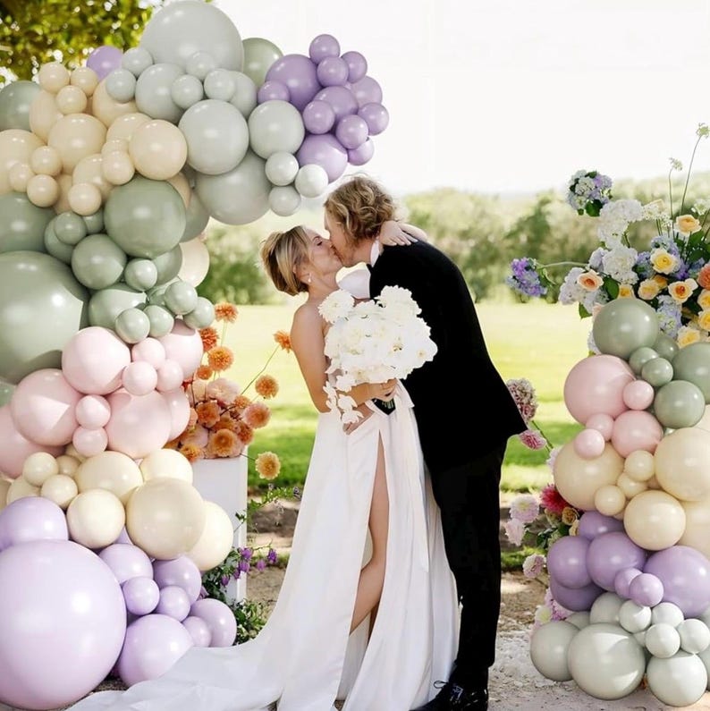 Dusty Green Purple Pastel Pink Balloon Arch Garland Kit 124Pcs Double Stuffed Light Green Sage Green Purple Yellow Macaron Pink Balloons