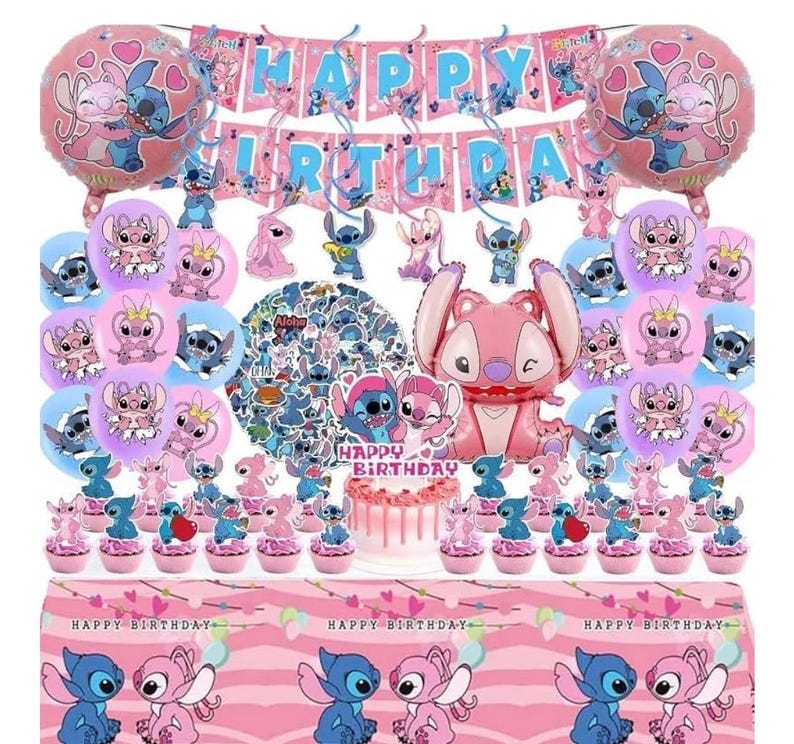 101PCS Stitch Party Supplies, Birthday Decorations Set Include Banner, Balloons, Stickers, Hanging Swirls, Cake Cupcake Toppers, Tablecloth