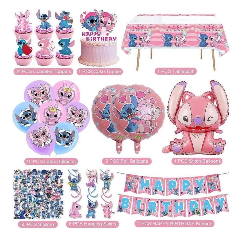101PCS Stitch Party Supplies, Birthday Decorations Set Include Banner, Balloons, Stickers, Hanging Swirls, Cake Cupcake Toppers, Tablecloth