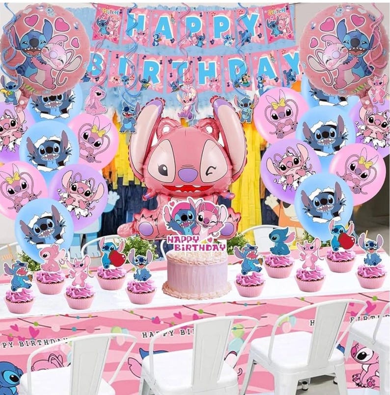 101PCS Stitch Party Supplies, Birthday Decorations Set Include Banner, Balloons, Stickers, Hanging Swirls, Cake Cupcake Toppers, Tablecloth