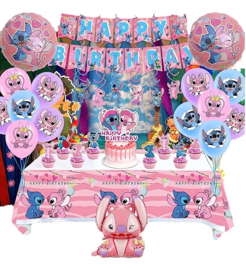 101PCS Stitch Party Supplies, Birthday Decorations Set Include Banner, Balloons, Stickers, Hanging Swirls, Cake Cupcake Toppers, Tablecloth