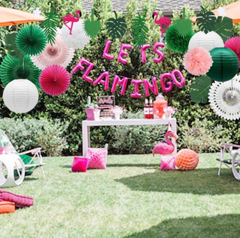 Tropical Flamingo Palm Leaves Party Decorations with Paper Fans Paper Lanterns Pom Poms Flowers for Birthday Bridal Baby Shower Bachelorette