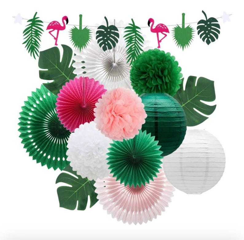 Tropical Flamingo Palm Leaves Party Decorations with Paper Fans Paper Lanterns Pom Poms Flowers for Birthday Bridal Baby Shower Bachelorette