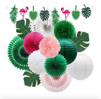Tropical Flamingo Palm Leaves Party Decorations with Paper Fans Paper Lanterns Pom Poms Flowers for Birthday Bridal Baby Shower Bachelorette