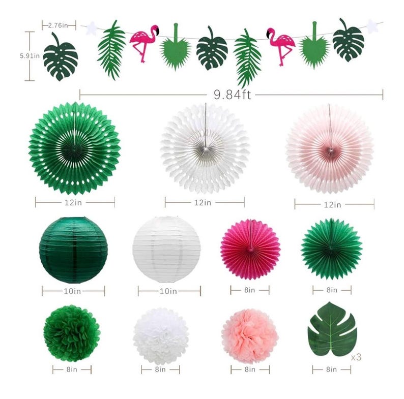 Tropical Flamingo Palm Leaves Party Decorations with Paper Fans Paper Lanterns Pom Poms Flowers for Birthday Bridal Baby Shower Bachelorette
