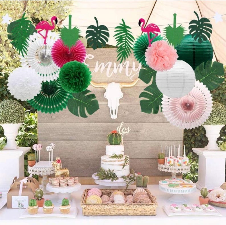 Tropical Flamingo Palm Leaves Party Decorations with Paper Fans Paper Lanterns Pom Poms Flowers for Birthday Bridal Baby Shower Bachelorette