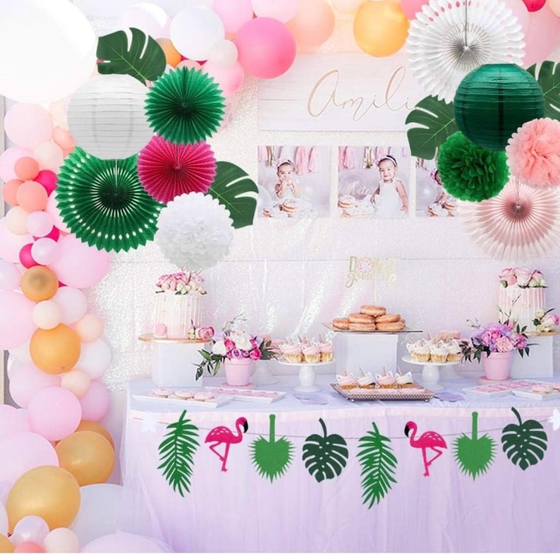 Tropical Flamingo Palm Leaves Party Decorations with Paper Fans Paper Lanterns Pom Poms Flowers for Birthday Bridal Baby Shower Bachelorette