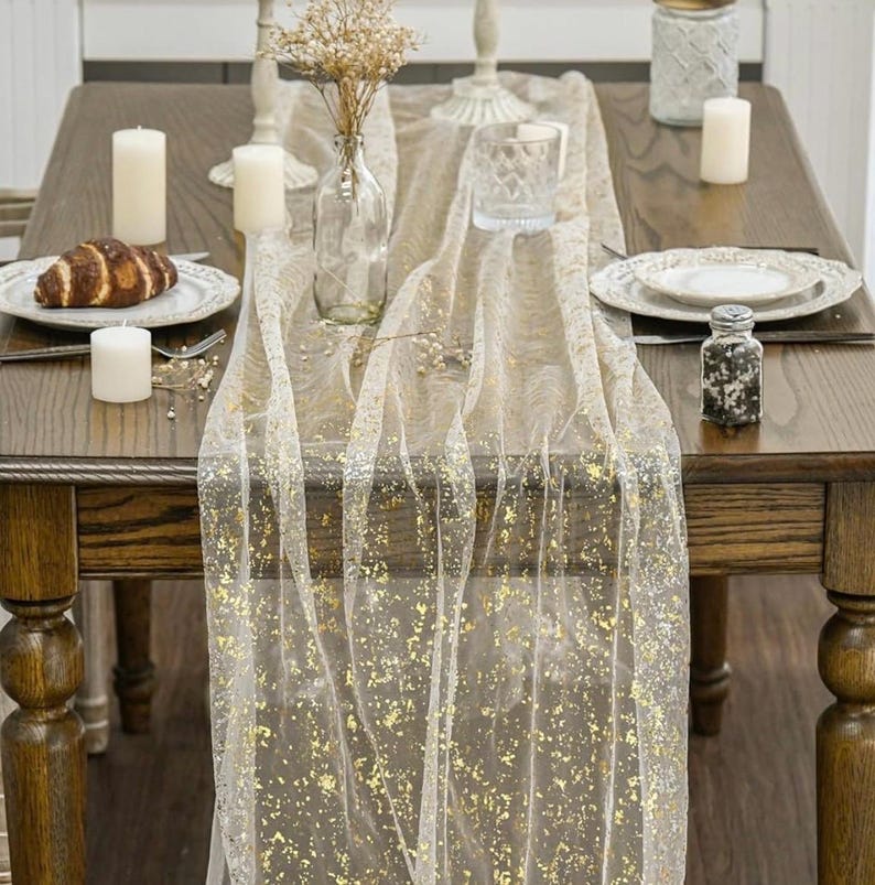 Beige Gold Gauze Table Runner 120 Inch 10FT, Glitter Metallic Foil Sheer Chiffon Cheesecloth Dining Wedding Holiday Birthday Table Decor