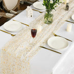 Beige Gold Gauze Table Runner 120 Inch 10FT, Glitter Metallic Foil Sheer Chiffon Cheesecloth Dining Wedding Holiday Birthday Table Decor