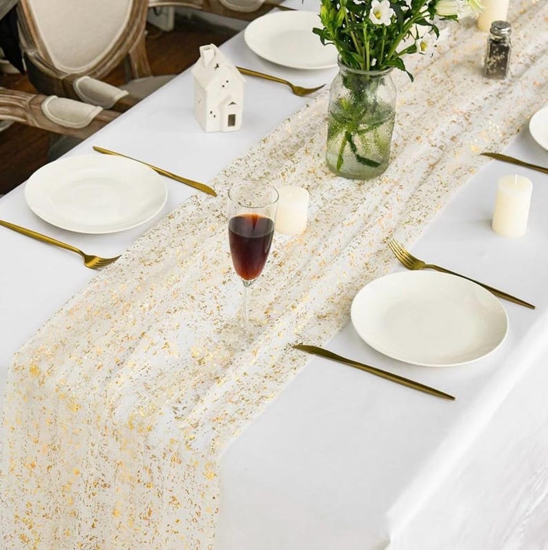 Beige Gold Gauze Table Runner 120 Inch 10FT, Glitter Metallic Foil Sheer Chiffon Cheesecloth Dining Wedding Holiday Birthday Table Decor