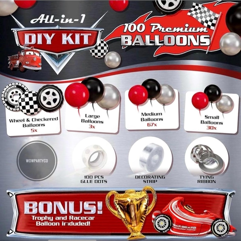Race Car Balloon Arch Kit with BONUS Trophy & Number 2 - Cars Balloon Garland Kit for Lightning McQueen Cars 2 Birthday Hot Wheels Balloons