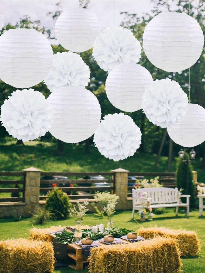 12Pcs White Paper Pom Poms, Lanterns Decorative Chinese/Japanese Hanging Round Paper Lanterns Lamp for Birthday, Wedding, Christmas, Bridal,