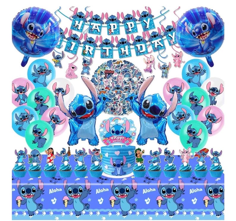 Stitch Party Supplies, 103pieces Birthday Decorations Set Include Banner, Balloons, Stickers, Hanging Swirls, Cake Cupcake Toppers, Tableclo
