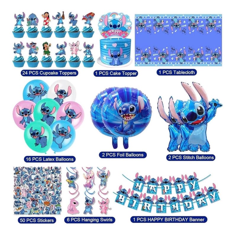 Stitch Party Supplies, 103pieces Birthday Decorations Set Include Banner, Balloons, Stickers, Hanging Swirls, Cake Cupcake Toppers, Tableclo