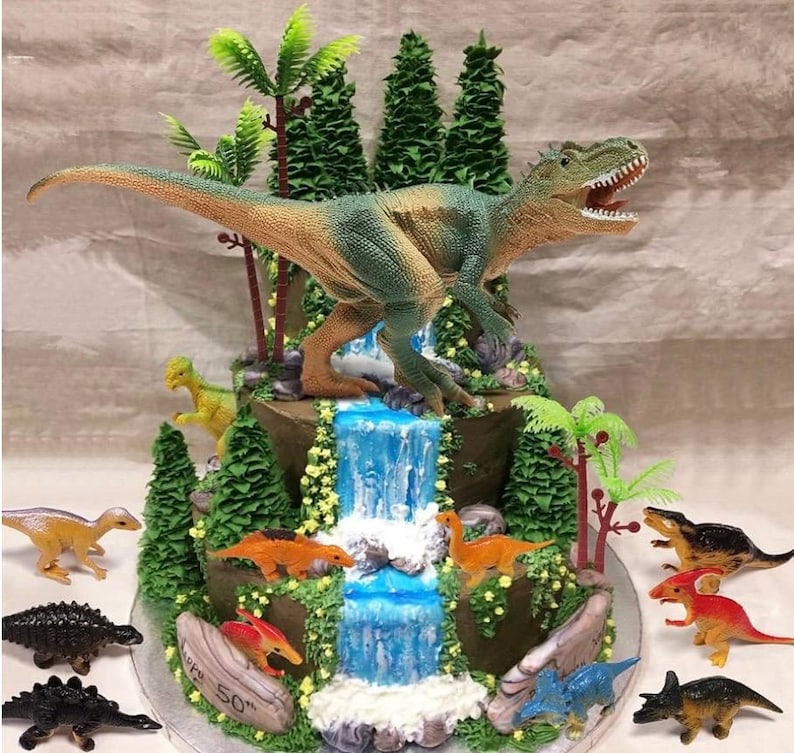 Dinosaur Themed Cake Toppers With Eggs Leaves Trees For Birthday Party , Wild Animals ,Kids Party Cake Decorations (Dinosaur-E), 26 PCS