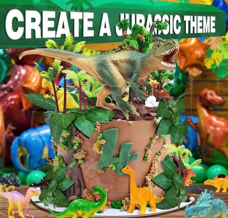 Dinosaur Themed Cake Toppers With Eggs Leaves Trees For Birthday Party , Wild Animals ,Kids Party Cake Decorations (Dinosaur-E), 26 PCS