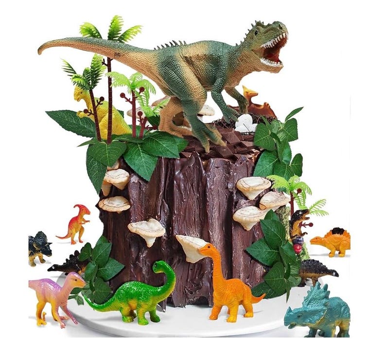Dinosaur Themed Cake Toppers With Eggs Leaves Trees For Birthday Party , Wild Animals ,Kids Party Cake Decorations (Dinosaur-E), 26 PCS