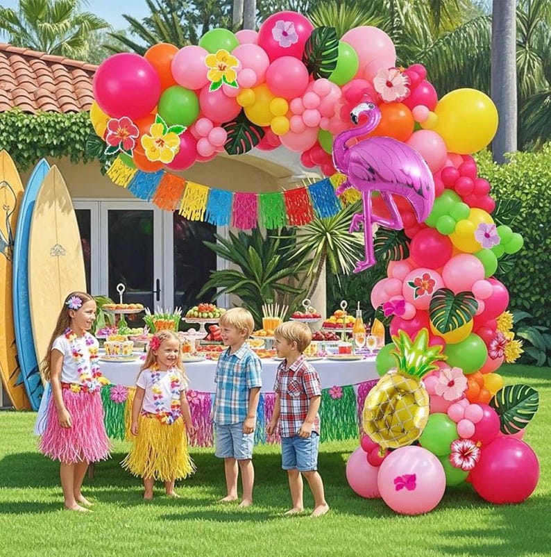 Summer Tropical Balloon Arch Kit Hot pink yellow orange Balloon Luau Flower Card Sticker palm leaves Hawaiian leis For Baby Shower Flamingo