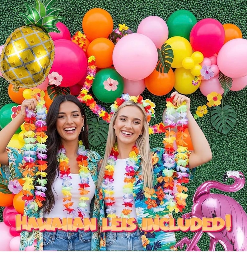 Summer Tropical Balloon Arch Kit Hot pink yellow orange Balloon Luau Flower Card Sticker palm leaves Hawaiian leis For Baby Shower Flamingo