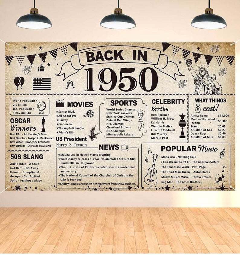 76th  Birthday Party Decorations, Vintage Back in 1950 Banner 76 Year Old Birthday Party Poster Supplies Vintage 1950 Backdrop Photography