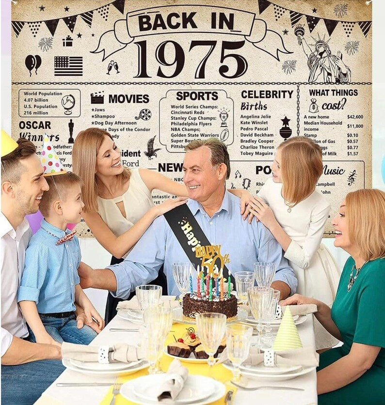 51st Birthday Party Decorations, Vintage Back in 1975 Banner 51 Year Old Birthday Party Poster Supplies Vintage 1975 Backdrop Photography