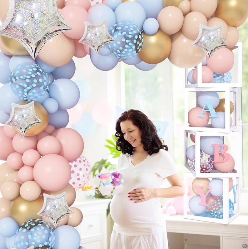 164PCS Gender Reveal Balloon Boxes Decorations, Pink and Blue Balloon Garland Kit 4pcs Boxes with Letters for Baby Shower Birthday He or She