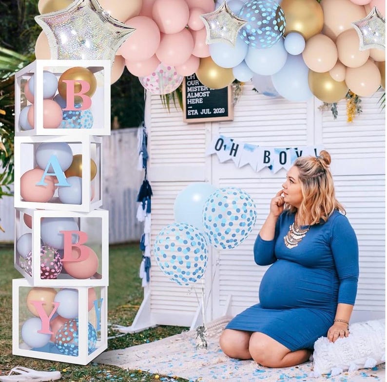 164PCS Gender Reveal Balloon Boxes Decorations, Pink and Blue Balloon Garland Kit 4pcs Boxes with Letters for Baby Shower Birthday He or She
