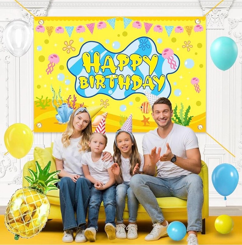 Cartoon Sponge Balloon Arch Kit-Blue Green Yellow Balloons Birthday Decorations For Boys Girl ,Party Decor Supplies,Happy Birthday Backdrop