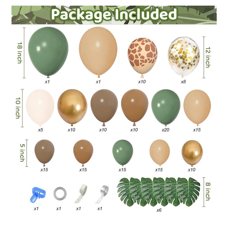 170Pcs Jungle Safari Balloons Garland Kit, Safari Baby Shower Decorations Sage Green Brown & Animal Print Balloons Palm Leaves Decorations