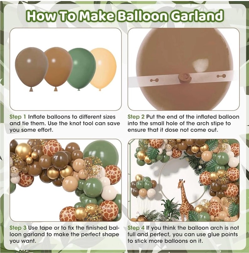 170Pcs Jungle Safari Balloons Garland Kit, Safari Baby Shower Decorations Sage Green Brown & Animal Print Balloons Palm Leaves Decorations