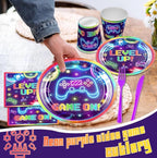 142pcs Video Game Birthday Decorations Gamer Party Tableware Video Game On Themed Plates Napkins Cups Tablecloth Banner for Boys Girls Neon