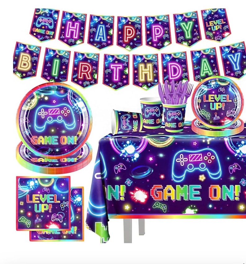 142pcs Video Game Birthday Decorations Gamer Party Tableware Video Game On Themed Plates Napkins Cups Tablecloth Banner for Boys Girls Neon