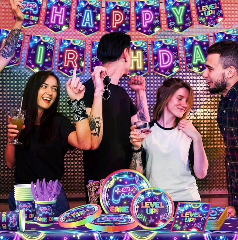142pcs Video Game Birthday Decorations Gamer Party Tableware Video Game On Themed Plates Napkins Cups Tablecloth Banner for Boys Girls Neon