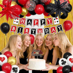 103Pcs Casino Theme Party Decorations, Red and Black Happy Birthday Banner Star Heart Poker Foil Balloons Fringe Curtain Paper Tassel