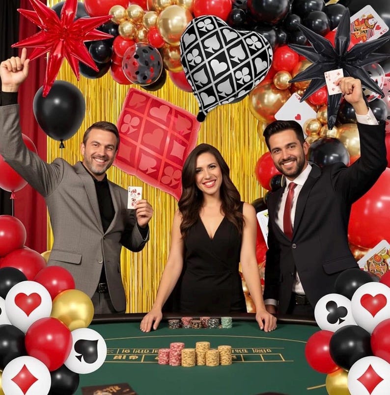 103Pcs Casino Theme Party Decorations, Red and Black Happy Birthday Banner Star Heart Poker Foil Balloons Fringe Curtain Paper Tassel