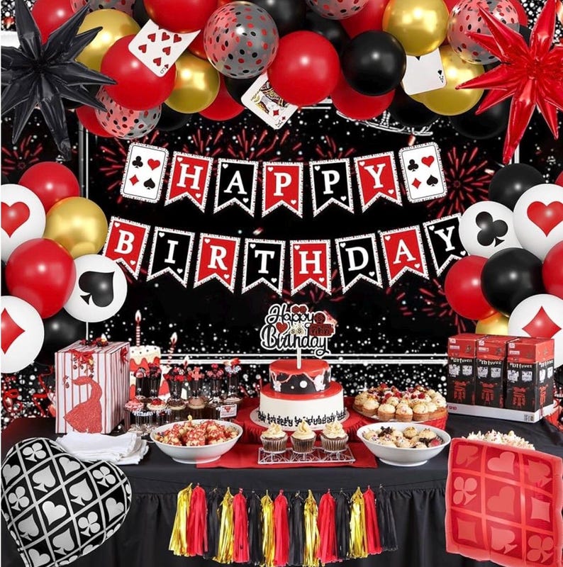 103Pcs Casino Theme Party Decorations, Red and Black Happy Birthday Banner Star Heart Poker Foil Balloons Fringe Curtain Paper Tassel