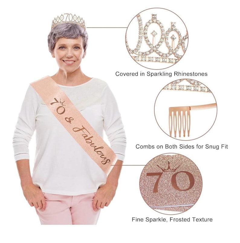 70th Birthday Decorations for Women: 33pcs Kit with Crown, Sash, Banner, Backdrop, Balloons, Swirls and Fans in Rose Gold and Black