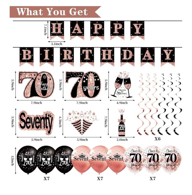 70th Birthday Decorations for Women: 33pcs Kit with Crown, Sash, Banner, Backdrop, Balloons, Swirls and Fans in Rose Gold and Black