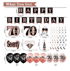 70th Birthday Decorations for Women: 33pcs Kit with Crown, Sash, Banner, Backdrop, Balloons, Swirls and Fans in Rose Gold and Black