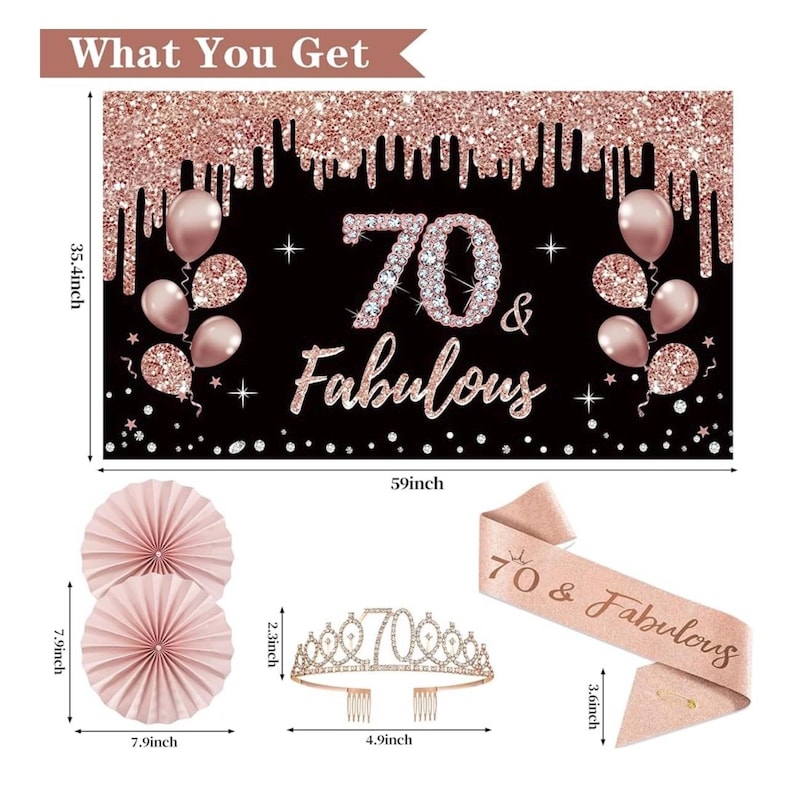 70th Birthday Decorations for Women: 33pcs Kit with Crown, Sash, Banner, Backdrop, Balloons, Swirls and Fans in Rose Gold and Black