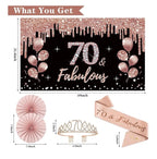 70th Birthday Decorations for Women: 33pcs Kit with Crown, Sash, Banner, Backdrop, Balloons, Swirls and Fans in Rose Gold and Black