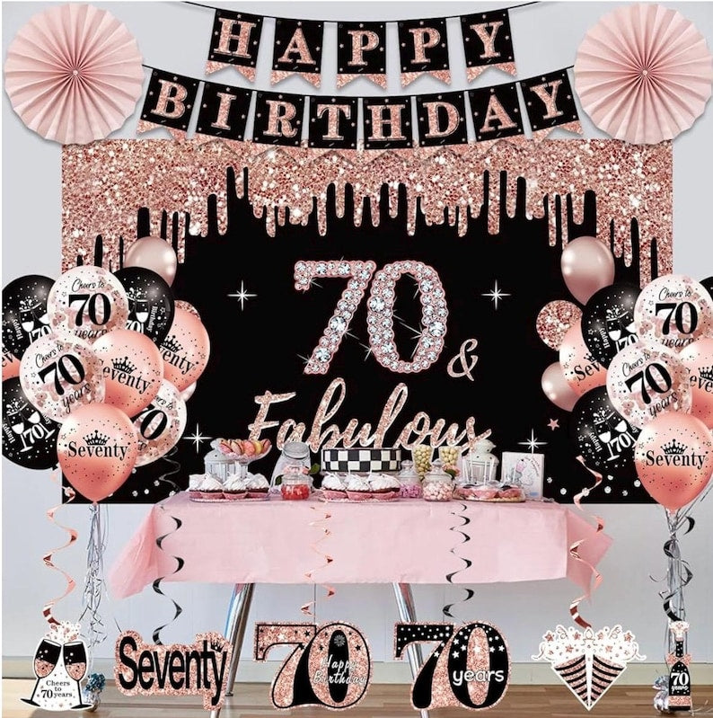 70th Birthday Decorations for Women: 33pcs Kit with Crown, Sash, Banner, Backdrop, Balloons, Swirls and Fans in Rose Gold and Black