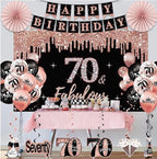 70th Birthday Decorations for Women: 33pcs Kit with Crown, Sash, Banner, Backdrop, Balloons, Swirls and Fans in Rose Gold and Black