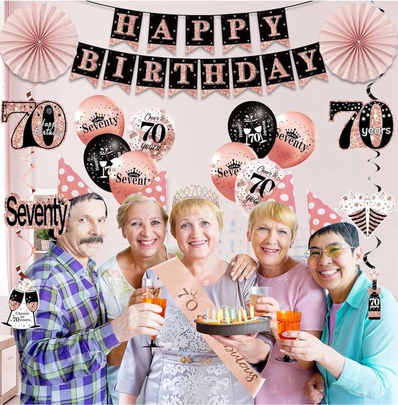 70th Birthday Decorations for Women: 33pcs Kit with Crown, Sash, Banner, Backdrop, Balloons, Swirls and Fans in Rose Gold and Black