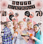 70th Birthday Decorations for Women: 33pcs Kit with Crown, Sash, Banner, Backdrop, Balloons, Swirls and Fans in Rose Gold and Black