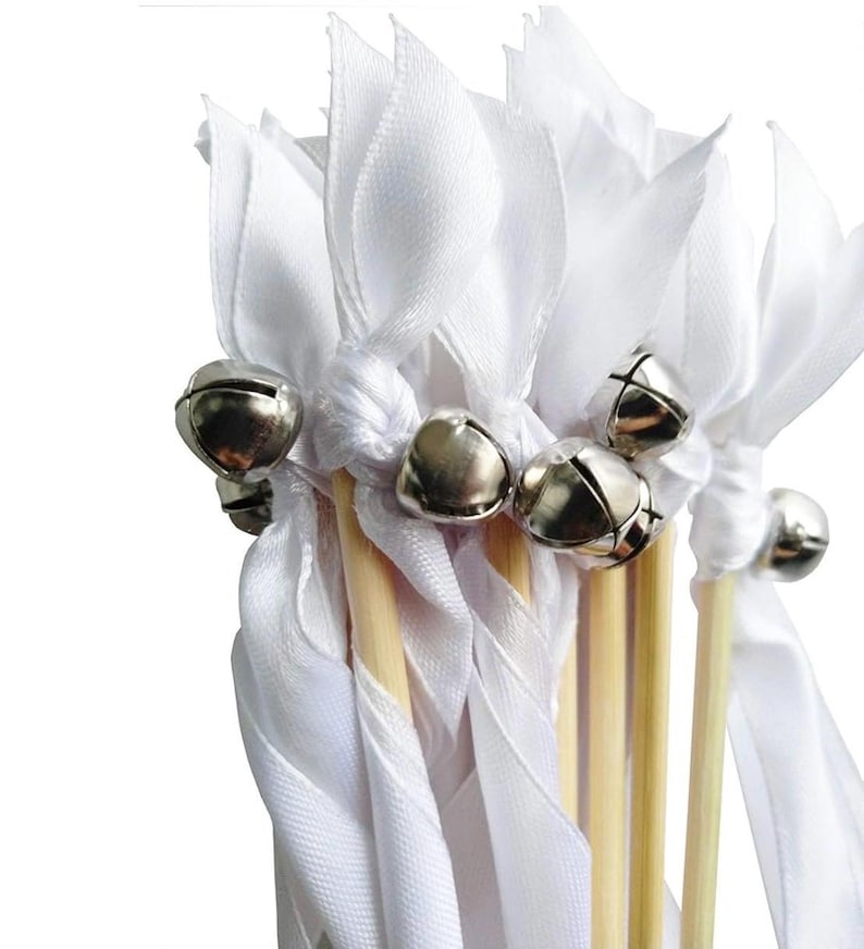50PCS Ribbon Wands with Triple Ribbon and Silver Bell Party Wand Party Favors Streamers Ribbon Sticks Magic Fairy Wands for Wedding Decors
