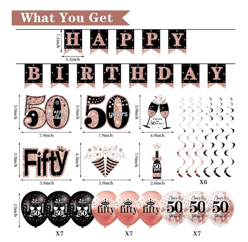 50th Birthday Decorations for Women,33pcs 50th Birthday Crown and Sash, Black Rose Gold Happy 50th Birthday Banner Balloons Backdrop Hanging