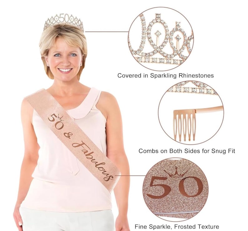 50th Birthday Decorations for Women,33pcs 50th Birthday Crown and Sash, Black Rose Gold Happy 50th Birthday Banner Balloons Backdrop Hanging