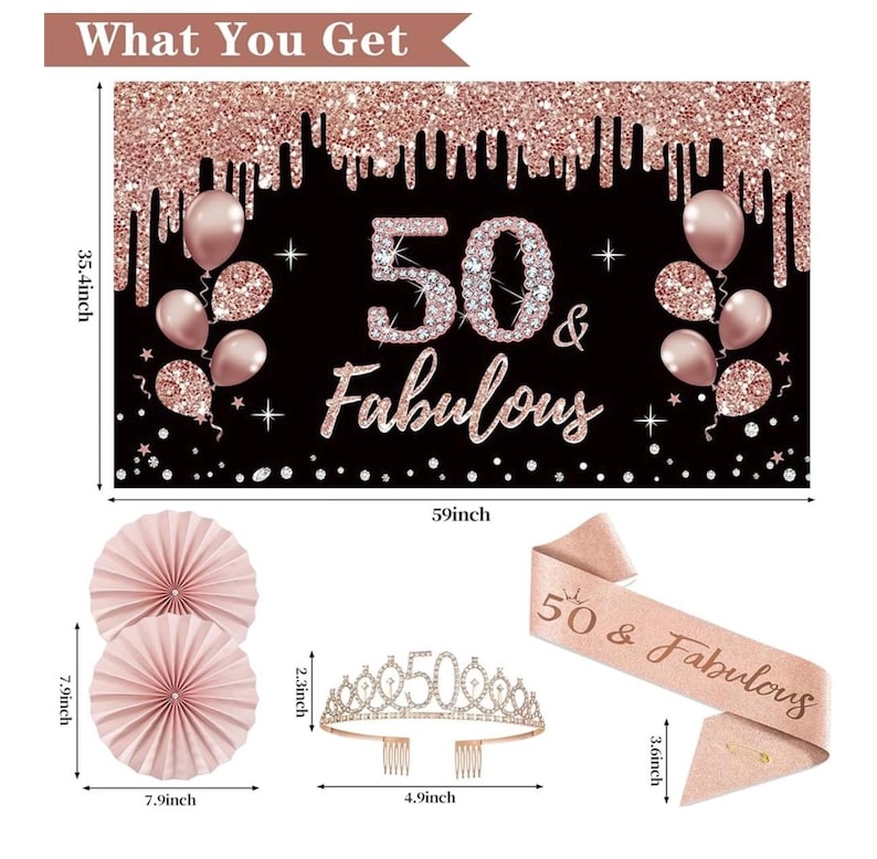 50th Birthday Decorations for Women,33pcs 50th Birthday Crown and Sash, Black Rose Gold Happy 50th Birthday Banner Balloons Backdrop Hanging